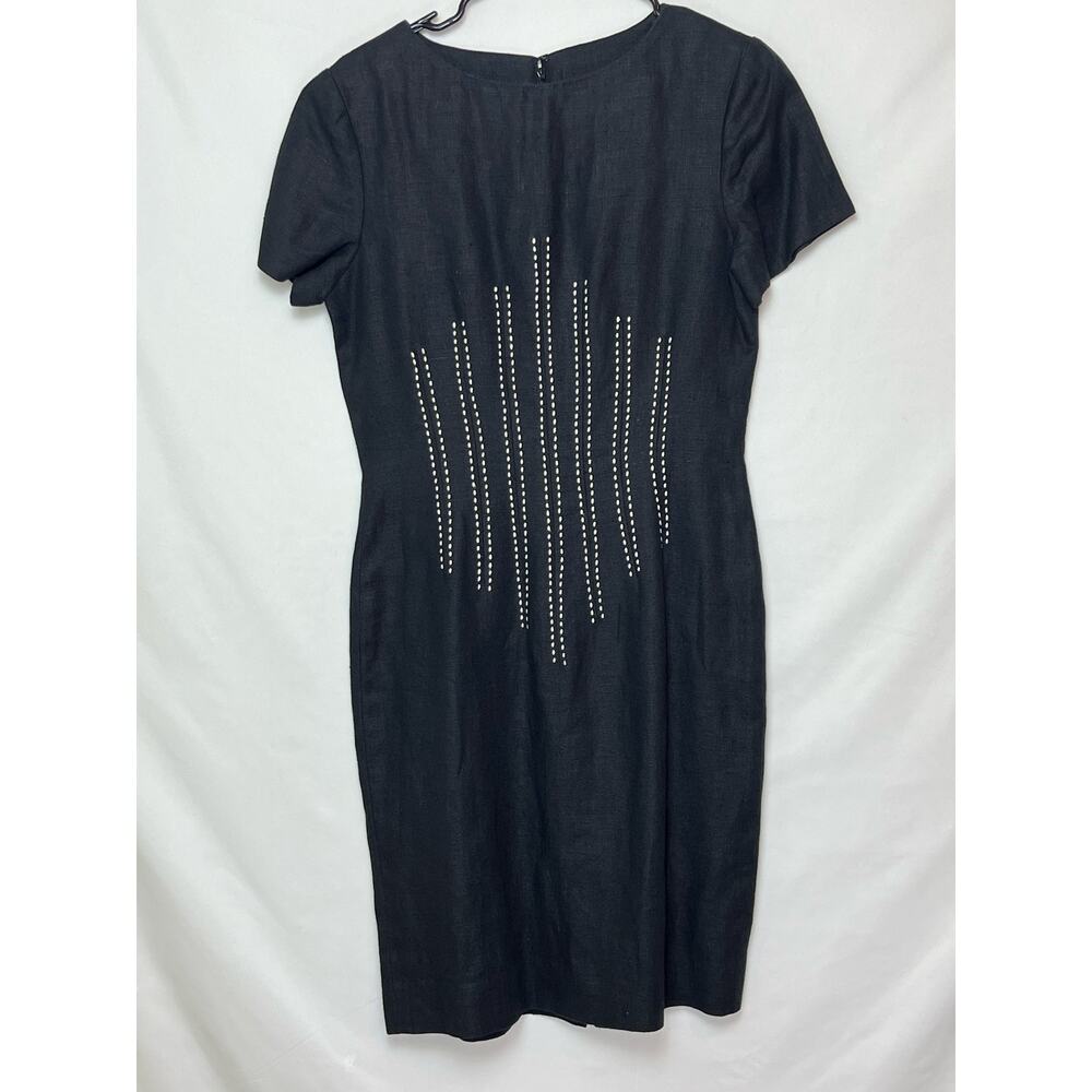 Scaasi Women's Size 4 Black Short Sleeve Knee Length 100% Linen Dress Stylish